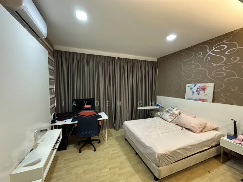 Bedroom features: queen-size bed, upholstered headboard, wooden flooring, wall-mounted split AC, desk with chair, computer monitor, white painted walls, accent wall with abstract pattern, curtains, recessed ceiling lights; style: modern.