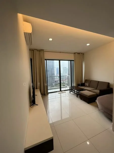 Living features: white painted walls, glossy tile flooring, 5-blade ceiling fan with light, floor-to-ceiling windows, sliding glass door, sheer curtains, sofa in brown fabric, TV console, wall-mounted TV, decorative wall lighting; style: modern; view: city.