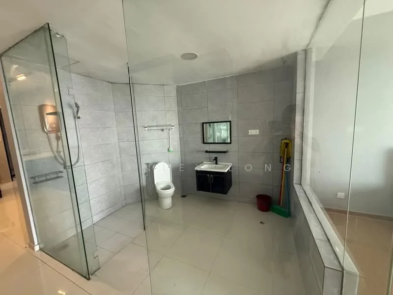 Bathroom features: walk-in shower with glass enclosure, rain shower head, handheld shower, single-sink vanity with black cabinet, framed mirror, one-piece toilet, grey tiled walls, white tiled flooring, ceiling-mounted lighting, towel rack, cleaning supplies, green bucket; style: modern.