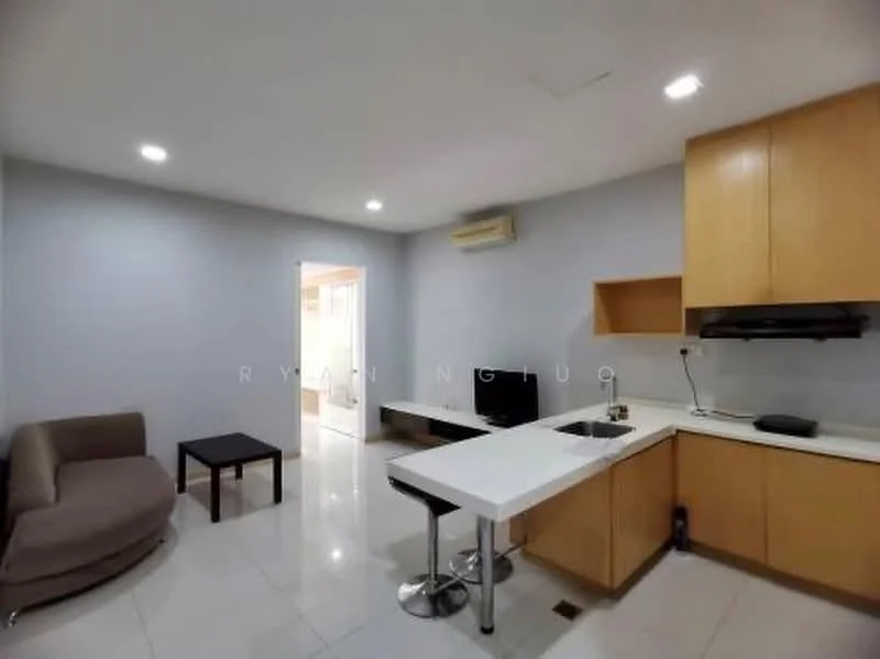 Living features: grey fabric sofa, black coffee table, white kitchen countertop, stainless-steel sink, chrome pull-down faucet, wood cabinetry, white tiled flooring, recessed LED downlights, wall-mounted air conditioning unit; style: modern. Room features: white painted walls, doorway leading to another room.