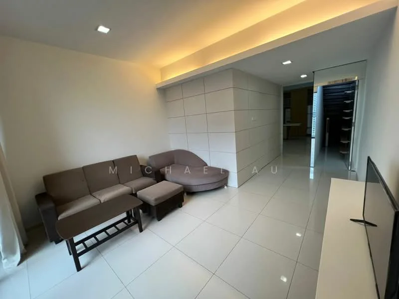 Living features: grey fabric sofa, 2-seater sofa, ottoman, flat-screen TV on stand, white painted walls, glossy white tile flooring, recessed ceiling lights, natural light from window, minimalist decor; style: modern.