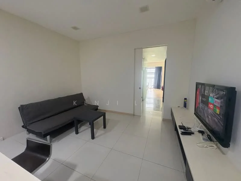 Living features: grey fabric sofa, black coffee table, white TV console, wall-mounted TV, white tiled flooring, plain white walls, recessed ceiling lights, doorway leading to another room; style: modern.