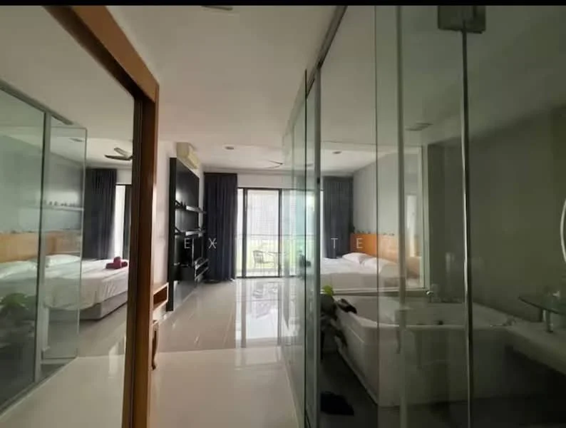 Room features: glass partition walls, floor-to-ceiling windows, white painted walls, light grey flooring, 2 queen-size beds, sofa, TV console, curtains, bathtub, shower area, ceiling fan, recessed lighting; style: modern; view: garden.