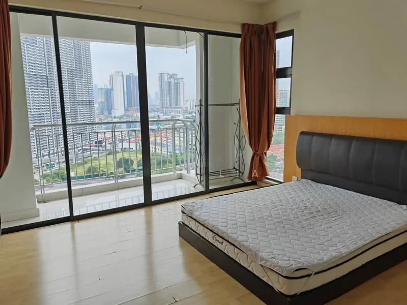 Bedroom features: queen-size bed, floor-to-ceiling windows, sliding glass door, wooden flooring, curtains in orange, balcony access, city view, light-colored walls, wooden headboard; style: modern; view: city.