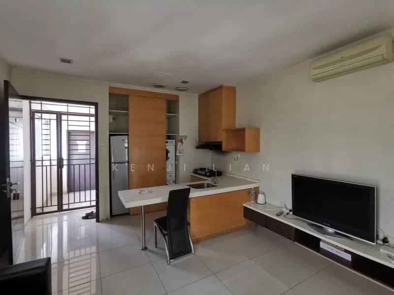 Kitchen features: white walls, glossy tile flooring, wood cabinetry, stainless-steel fridge, built-in oven, 4-burner gas hob, single-bowl stainless-steel sink, chrome pull-down faucet, breakfast bar, ceiling-mounted air conditioning unit, wall-mounted TV, black TV console; style: modern. Room features: glass door, open layout, natural light from window.