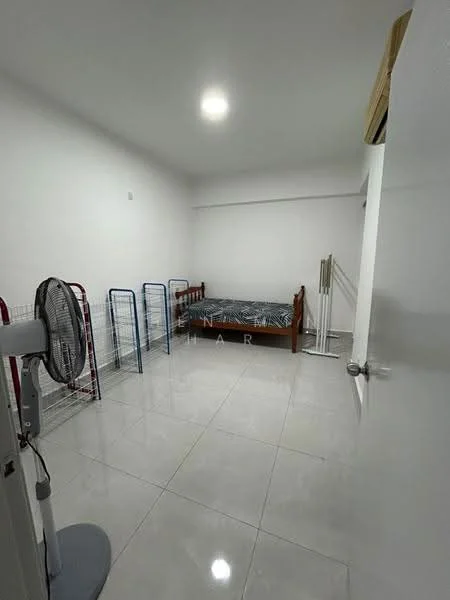 Bedroom features: white painted walls, glossy ceramic tile flooring, single bed, bed frame, standing fan, clothes drying rack, air conditioning unit, window with blinds.