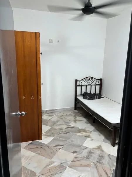 Bedroom features: single bed, wooden bed frame, marble flooring, white painted walls, ceiling fan, wooden door, built-in wardrobe, window with no visible treatment.