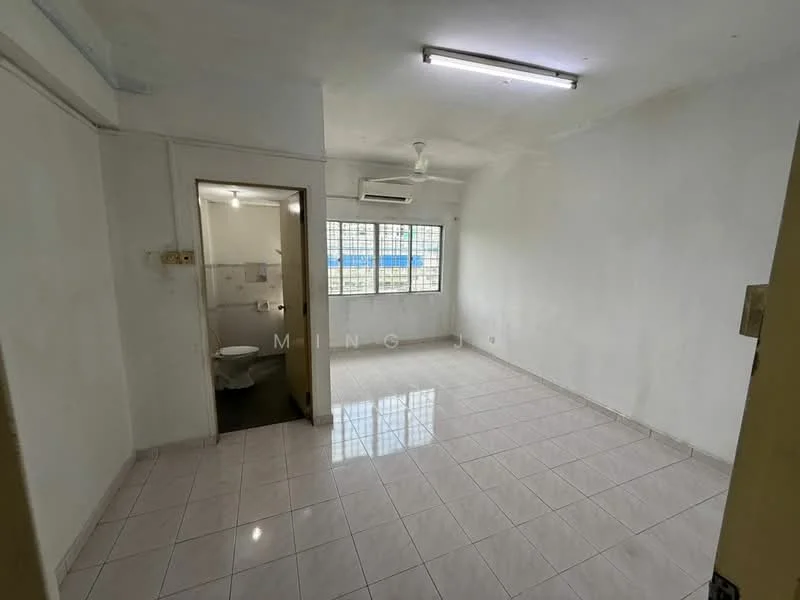 Room features: white painted walls, tile flooring, ceiling light fixtures, 1 ceiling fan, window with grid, door leading to bathroom, visible bathroom area, neutral color scheme; view: city.