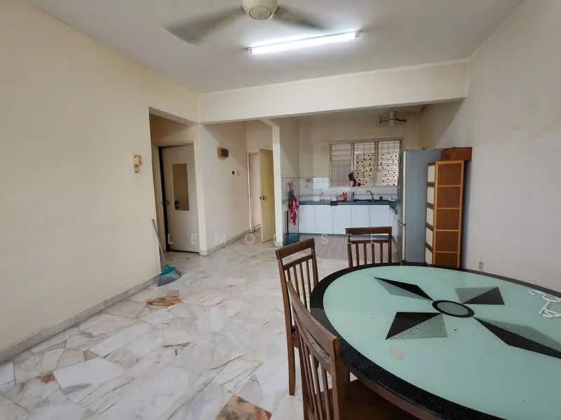 Dining features: round dining table with glass top, wooden dining chairs, marble flooring, ceiling fan, wall-mounted light fixture, neutral painted walls, open layout to kitchen, doorway leading to hallway. Kitchen features: white cabinetry, stainless-steel sink, built-in countertop, kitchen appliances visible, tile backsplash, window for natural light.