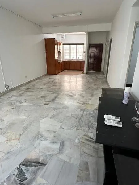 Living features: marble flooring, white painted walls, large windows with natural light, ceiling lights, open layout to kitchen, built-in cabinetry in kitchen area, neutral color palette, space for furniture arrangement; style: modern.