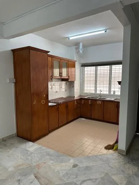 Kitchen features: brown wooden cabinetry, white tiled backsplash, single-bowl stainless-steel sink, chrome pull-down faucet, countertop with beige surface, window with horizontal blinds, marble tile flooring, fluorescent ceiling light; style: modern.