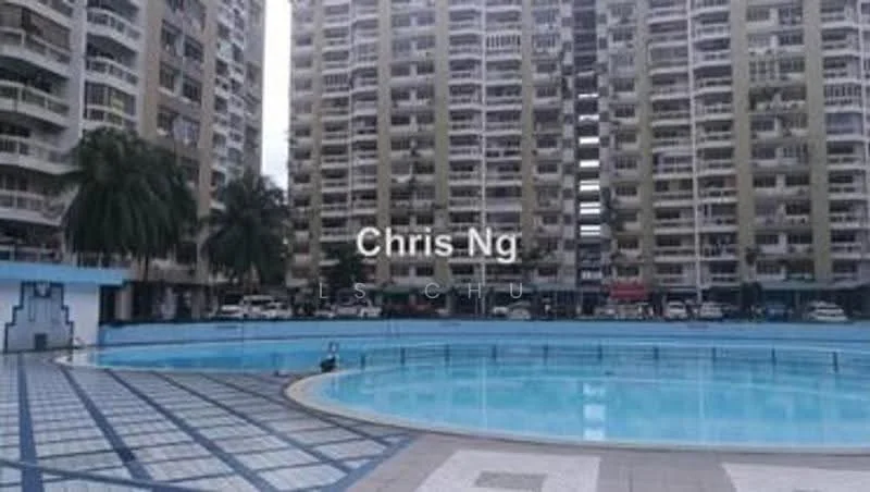 Exterior type: high-rise condominium; features: swimming pool, surrounding palm trees, tiled pool deck, multiple high-rise buildings, parking visible, landscaped area; style: modern.