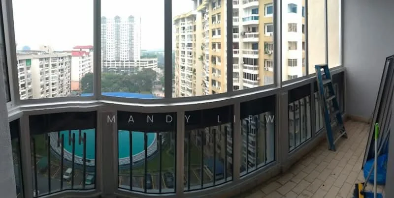 Room features: floor-to-ceiling windows, balcony railing, tile flooring, city view, outdoor space, ladder, glass panels, curved balcony shape; style: modern; view: city.