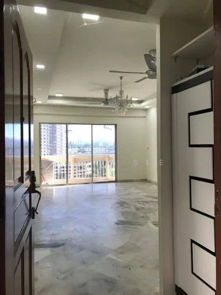 Living features: marble flooring, 5-blade ceiling fan with light, chandelier, floor-to-ceiling windows, sliding glass door, white walls, crown moulding, open layout, natural light, city view; style: modern; view: city. Room features: built-in cabinetry, white cabinetry.