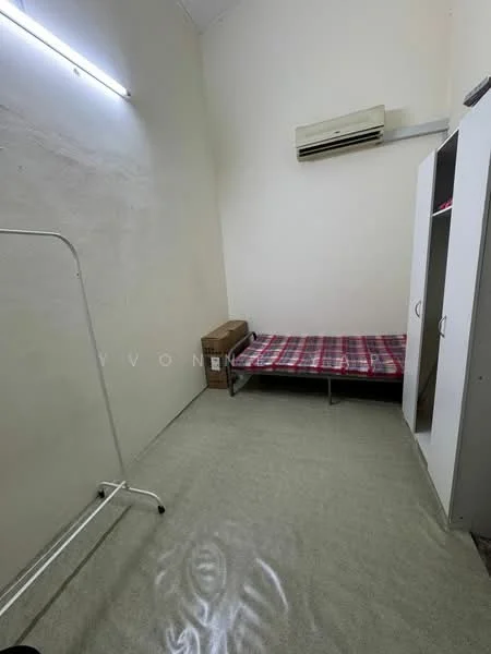Bedroom features: white painted walls, carpet flooring, 1 single bed with checkered bedding, 1 wall-mounted split AC, 1 wardrobe with sliding doors, clothes rack, natural light from window, minimalist decor; style: minimalist.