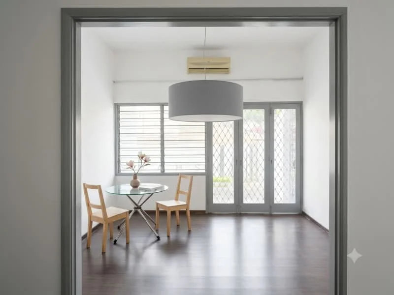 Dining features: round glass dining table, 2 wooden dining chairs, wooden flooring, white painted walls, ceiling-mounted air conditioning unit, sliding glass doors, security grille on doors, natural light from windows; style: modern.