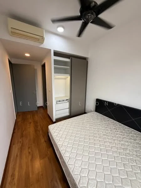 Bedroom features: wooden flooring, white painted walls, 5-blade ceiling fan, built-in wardrobe with sliding doors, window with natural light, queen-size bed frame, air conditioning unit, recessed ceiling lights; style: modern.