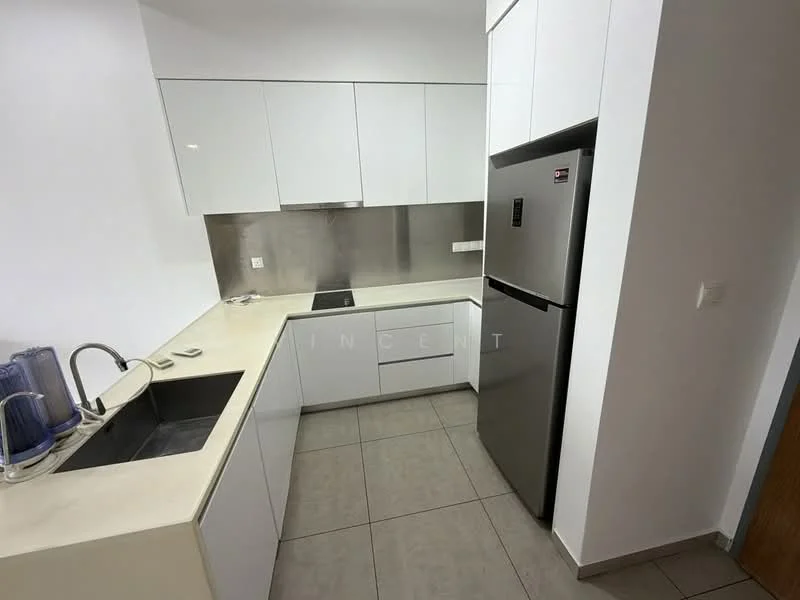 Kitchen features: white cabinetry, stainless-steel refrigerator, single-bowl stainless-steel sink, chrome pull-down faucet, ceramic tile flooring, grey backsplash, built-in oven, induction cooktop, countertop with integrated sink, under-cabinet lighting; style: modern.