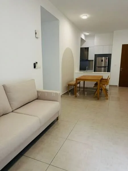 Living features: beige fabric sofa, light-colored walls, tile flooring, recessed ceiling lights, dining table with wooden legs, stainless-steel fridge, open kitchen layout, wall-mounted intercom, neutral decor; style: modern.