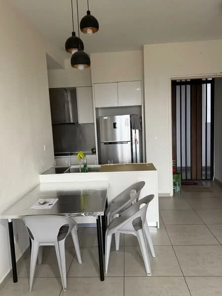 Kitchen features: stainless-steel fridge, built-in oven, 4-burner gas hob, white cabinetry, grey countertop, pendant lighting, tile flooring, open layout, dining table with 4 chairs, sink, wall-mounted cabinets; style: modern. Room features: tile flooring, interior door, wall with vertical bars.