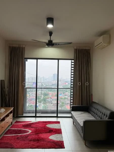 Living features: 3-seater fabric sofa in grey, 2-seater fabric sofa, red area rug with circular pattern, floor-to-ceiling windows, curtains in beige, 5-blade ceiling fan with light, wall-mounted split AC, wooden TV console, decorative mirror, city view; style: modern; view: city.