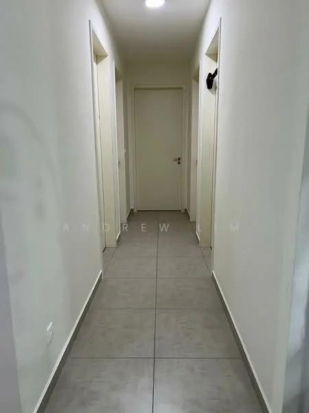 Hallway features: white painted walls, grey tile flooring, recessed ceiling lights, multiple doorways, neutral color scheme, mirror on one side; style: modern.