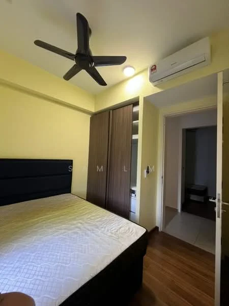 Bedroom features: queen-size bed, upholstered headboard, wooden flooring, 5-blade ceiling fan, wall-mounted split AC, built-in wardrobe with sliding doors, light switch, door leading to hallway; style: modern.