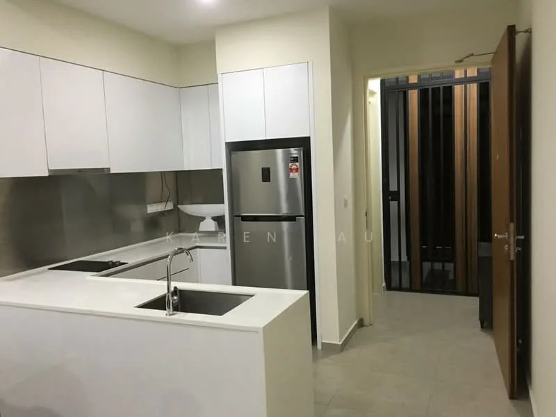 Kitchen features: white cabinetry, stainless-steel double-bowl sink, chrome pull-down faucet, stainless-steel fridge, stainless-steel backsplash, white countertop, built-in oven, ceramic tile flooring, recessed downlights; style: modern. Room features: door leading to hallway, metal security grille.