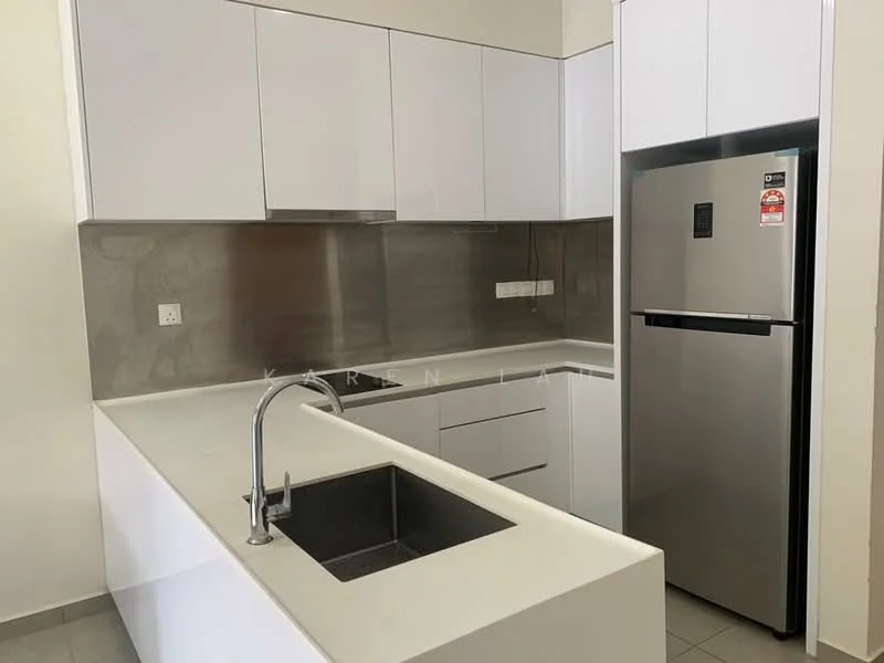 Kitchen features: white cabinetry, stainless-steel sink, chrome pull-down faucet, grey backsplash, built-in refrigerator, white countertop, ceramic tile flooring, under-cabinet lighting, wall-mounted electrical outlets; style: modern.