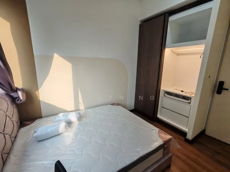 Bedroom features: queen-size bed, wooden flooring, built-in wardrobe with sliding doors, natural light from window, plain white walls, light-colored bedding, two pillows on bed; style: modern.