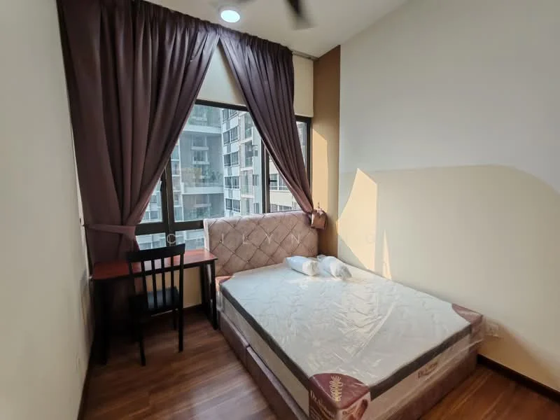 Bedroom features: queen-size bed, upholstered headboard, wooden flooring, floor-to-ceiling window, brown curtains, small study desk, black chair, decorative pillows; style: modern; view: city.