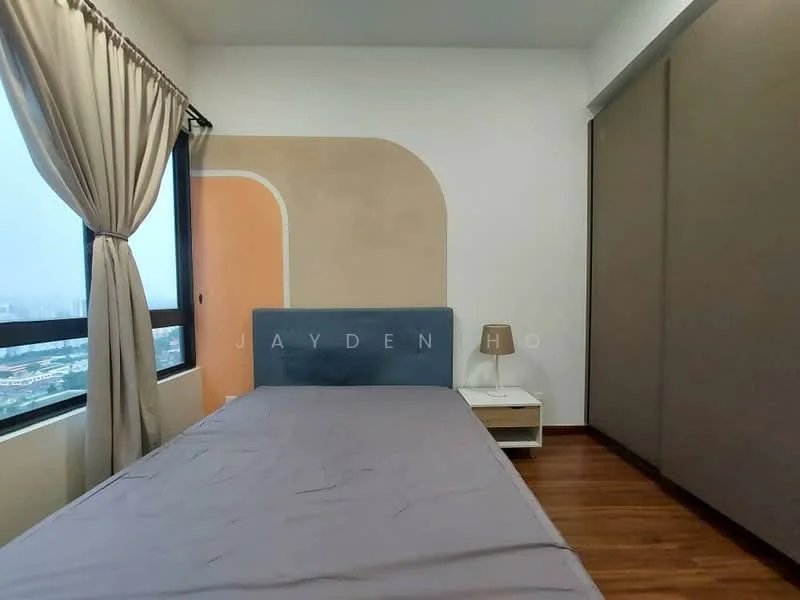 Bedroom features: queen-size bed, upholstered headboard, wooden bedside table, table lamp, floor-to-ceiling windows, curtains, wooden flooring, accent wall with geometric design, built-in wardrobe; style: modern; view: city.