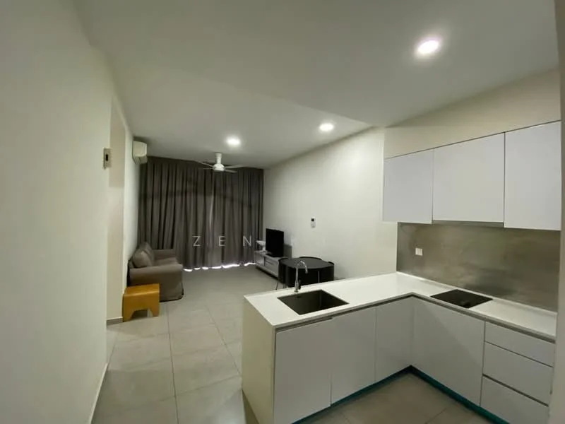 Kitchen features: white cabinetry, stainless-steel sink, chrome pull-down faucet, grey backsplash, countertop with blue trim, built-in oven, freestanding range oven; style: modern. Living features: 3-seater fabric sofa in grey, coffee table, wall-mounted TV, ceiling fan, recessed downlights, curtains; style: modern.