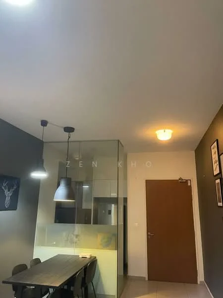Dining features: wooden dining table, black dining chairs, glass partition, pendant lighting, recessed ceiling lights, dark grey accent wall, white walls, tile flooring, wooden door, framed artwork on wall; style: modern.