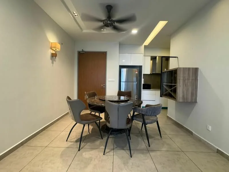 Dining features: round dining table, 6 upholstered dining chairs, ceiling fan with light, wall sconce, tile flooring, white painted walls, wooden sideboard, refrigerator, kitchen cabinetry visible in background; style: modern.