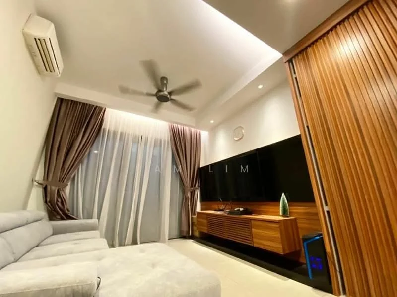 Living features: 3-seater fabric sofa in light grey, wall-mounted TV, wooden TV console, ceiling fan, recessed downlights, floor-to-ceiling windows with sheer curtains, wooden feature wall, light-colored tiled flooring, decorative plant on console; style: modern.
