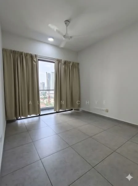 Room features: light grey tiled flooring, white painted walls, ceiling fan, floor-to-ceiling window, curtains in beige, city view; style: modern; view: city.