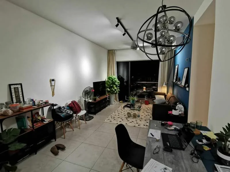 Living features: white painted walls, blue accent wall, tile flooring, 5-blade ceiling fan, chandelier with multiple bulbs, sofa in beige, coffee table, area rug with geometric pattern, TV console, wall-mounted TV, potted plants, decorative wall art, floor-to-ceiling windows with city view, curtains, side table; style: modern; view: city.