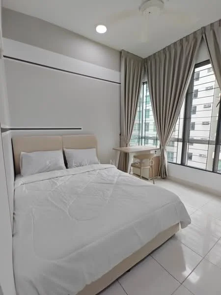 Bedroom features: king-size bed with white bedding, upholstered headboard, floor-to-ceiling windows, sheer curtains, light grey painted walls, white tiled flooring, ceiling fan, study desk with chair, decorative wall paneling; style: modern; view: city.