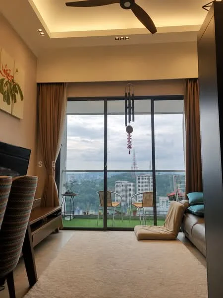 Living features: floor-to-ceiling windows, sliding glass door, curtains, 5-blade ceiling fan, sofa, coffee table, area rug, decorative wall art, wind chime, view of city skyline, balcony with seating, carpeted flooring; style: modern; view: city.