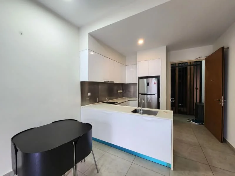 Kitchen features: white glossy cabinetry, grey tiled backsplash, stainless-steel fridge, single-bowl stainless-steel sink, chrome pull-down faucet, white countertop, built-in oven, ceramic tile flooring, recessed downlights, open layout, kitchen island, black dining table, two black chairs; style: modern. Room features: door leading to hallway, grey tiled flooring.