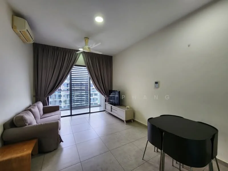 Living features: 3-seater fabric sofa in light grey, ceiling fan, wall-mounted TV, TV console, large sliding glass door, floor-to-ceiling windows, curtains in dark grey, tile flooring, air conditioning unit, decorative wall panel; style: modern; view: city.