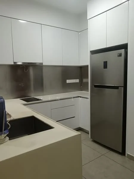 Kitchen features: white flat-panel cabinets, stainless-steel backsplash, quartz countertop, single-bowl stainless-steel sink, chrome pull-down faucet, stainless-steel fridge, built-in oven, ceramic tile flooring, recessed downlights; style: modern.