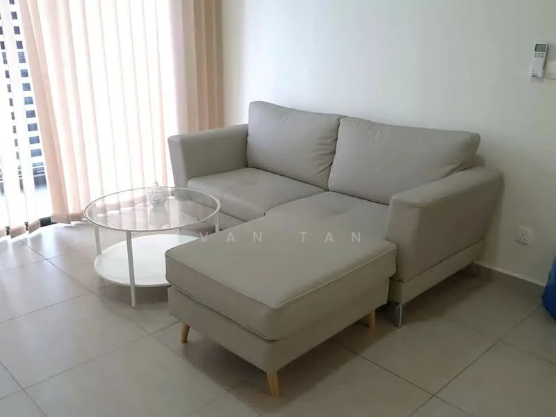 Living features: L-shape sectional sofa in beige, glass coffee table with white base, floor-to-ceiling windows with sheer curtains, light-colored wall, tile flooring, air conditioning unit on the wall, neutral color palette; style: modern.
