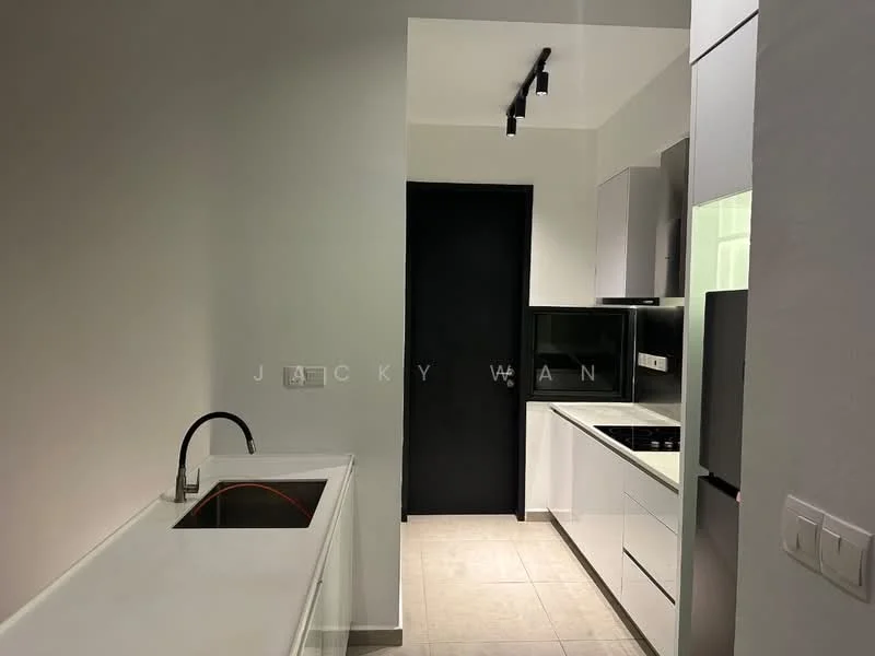 Kitchen features: single-bowl stainless-steel sink, chrome pull-down faucet, white quartz countertop, built-in oven, freestanding range oven, black refrigerator, white cabinetry, tile flooring, recessed LED downlights, black door, wall-mounted microwave, sliding cabinet doors; style: modern.
