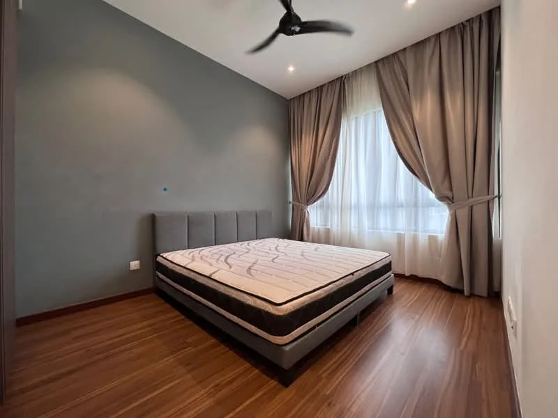 Bedroom features: queen-size bed frame without mattress, grey upholstered headboard, wooden flooring, grey accent wall, white painted walls, floor-to-ceiling window, sheer curtains, dark curtains, ceiling fan; style: modern.