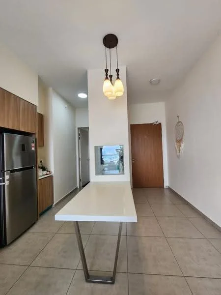 Kitchen features: white countertop, stainless-steel fridge, wood cabinetry, pendant lighting with three bulbs, tile flooring, open layout, window with view, door leading to hallway; style: modern; view: city.