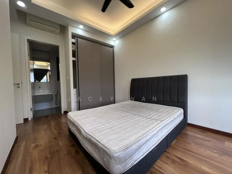 Bedroom features: queen-size bed, upholstered headboard, wooden flooring, recessed ceiling lights, ceiling fan, built-in wardrobe, neutral wall color, window with curtains; style: modern. Bathroom features: sink with cabinet, mirror, toilet, shower area, neutral tiles; style: modern.