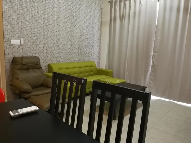 Living features: green fabric sofa, brown leather recliner chair, black dining table, black dining chairs, grey tiled flooring, textured mosaic wall, curtains, wall-mounted light switch; style: modern.