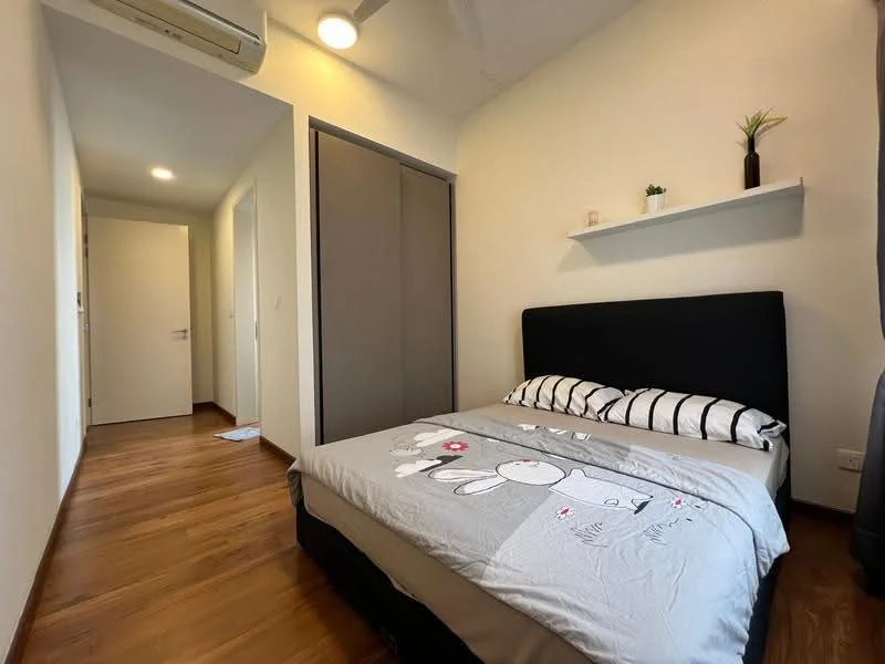 Bedroom features: queen-size bed with black upholstered headboard, bedding with cartoon pattern, wooden flooring, built-in wardrobe with sliding doors, white painted walls, ceiling fan, wall-mounted shelf with decorative plant, door leading to hallway, window with curtains; style: modern.